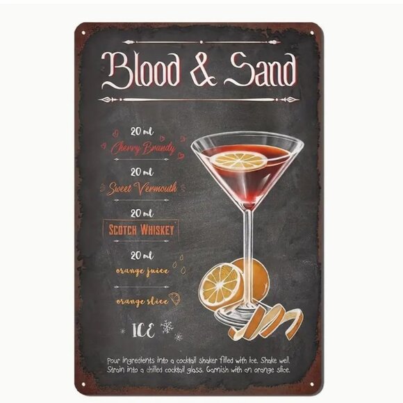 Other - 1pc 12"X18" Cocktail Recipes, Vintage Tin Sign - BLOOD & SAND
